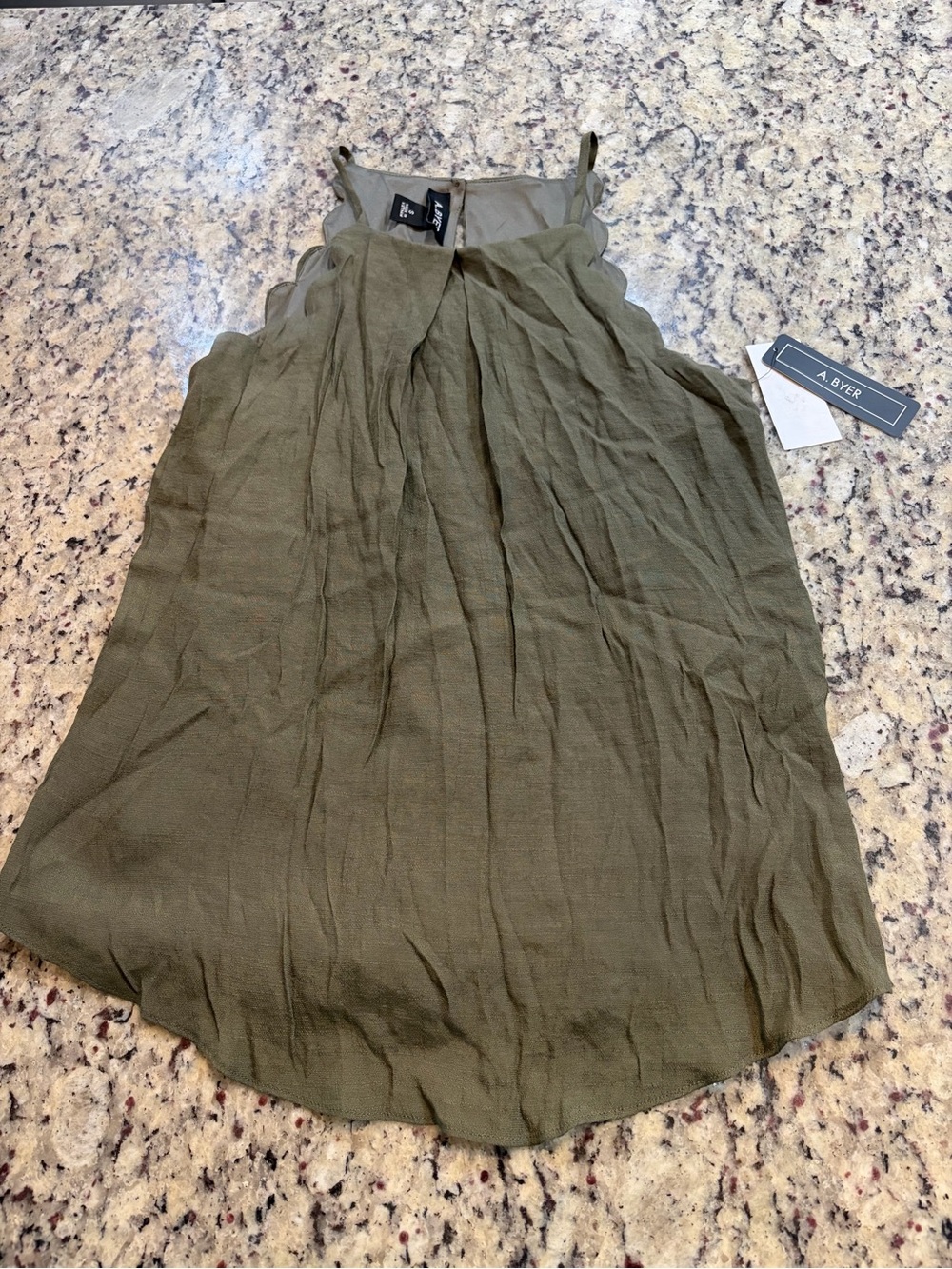 A. Byer Olive Green Pleated Tank Top with Scalloped Edge
